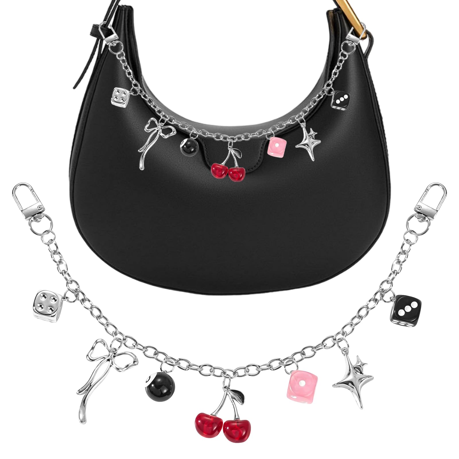 Cherry Black Eight Bag Charm, Silver Charms for Purse Gothic Bag Decorations Supplies, Y2k Cherry 8 Ball Dice Four-Pointed Star Bagchain Decor for Backpacks & Crossbody Bags-image-36