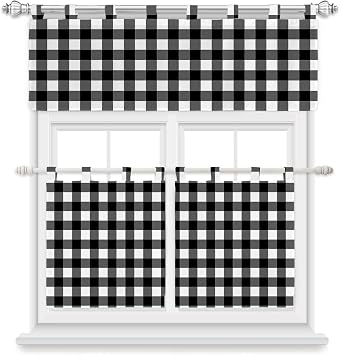 Kitchen Valances and Tiers for Small Window, 3 Pieces Cafe Curtains, Farmhouse Rural Style White and Black Plaid Rod Poket Windows Treatment Drapes Short Curtains for Living Room Bedroom Farmhouse