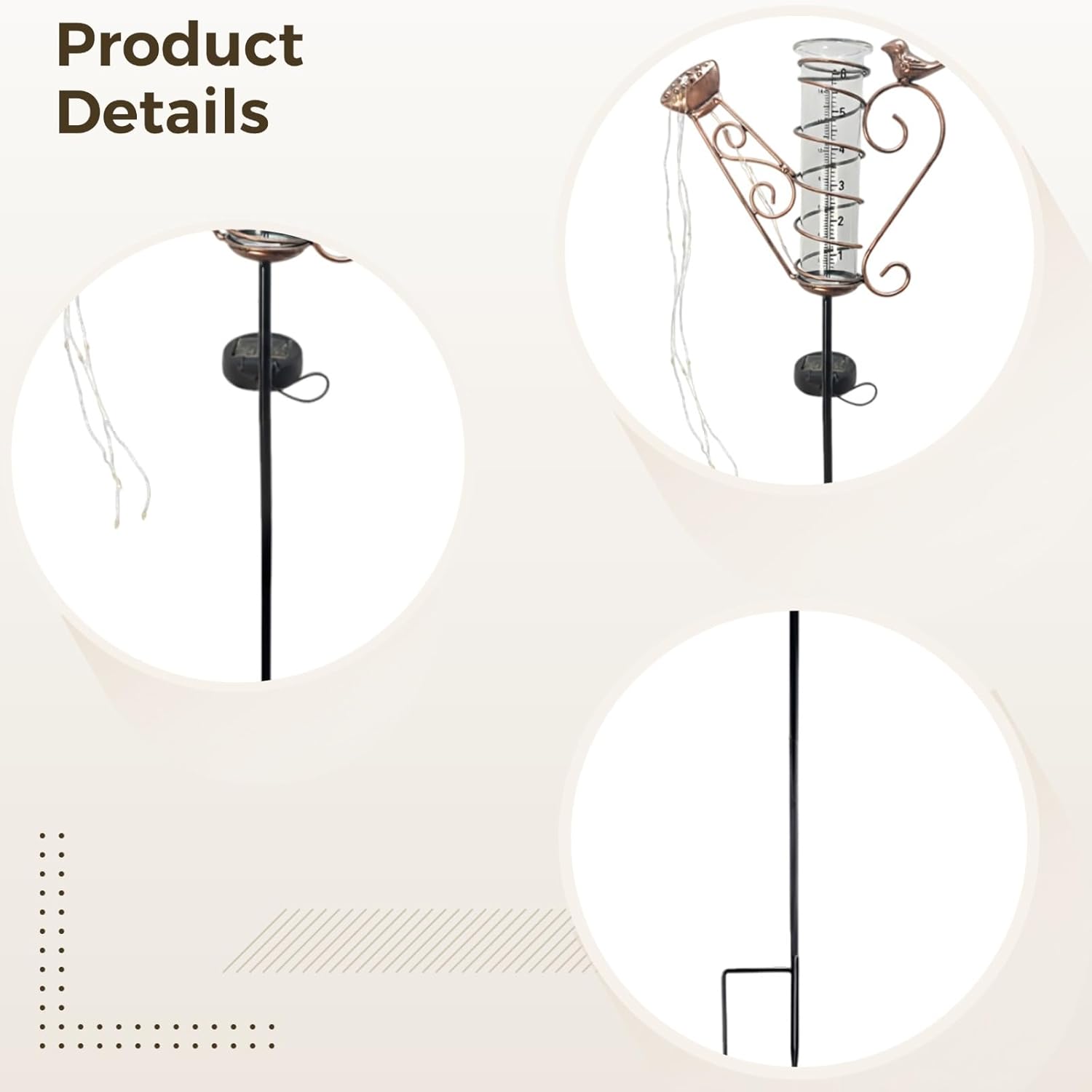 Solar Powered Watering Can Lights for Patio, Iron Kettle Rain Gauge with Bird Accents, Led String Lights, 36 X 8.5 X 2 in