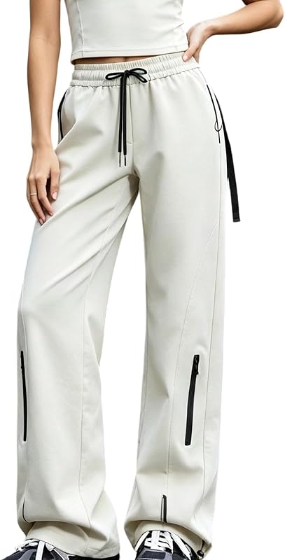 Womens Wide Leg Cargo Pants Elastic High Waisted Casual Sweatpants