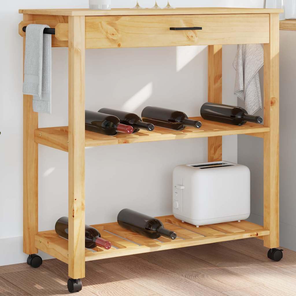 vidaXL Carrito de Cocina, Organizador de Comida Verduras Té, Carro de Servicio, Almacenamiento para Baño Salón Estudio, Madera Maciza de Pino