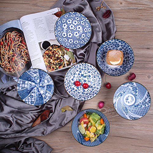YALONG Japanese Style Deep Soup Bowls Set of 6, 6 inch Cereal Bowls Assorted Patterns, 20 oz Pho Ceramic Bowls Set Serving Soup Rice Salad Rice Noodle Pasta, Dishwasher Microwave Safe