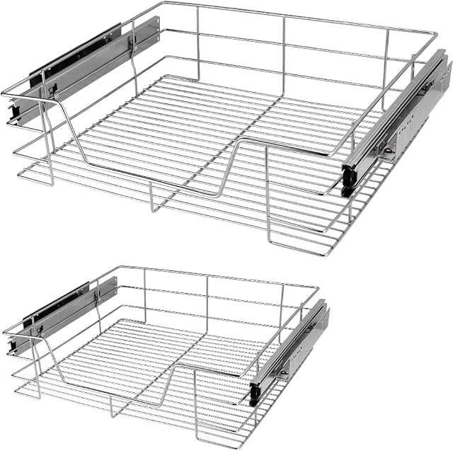 2x Deuba Kitchen Drawer 30 40 50 60 cm / 12 16 20 24 IN Chrome-Plated 20 kg Loadable Basket Pull-Out Household Telescopic Cabinet Organizer Storage Space Order