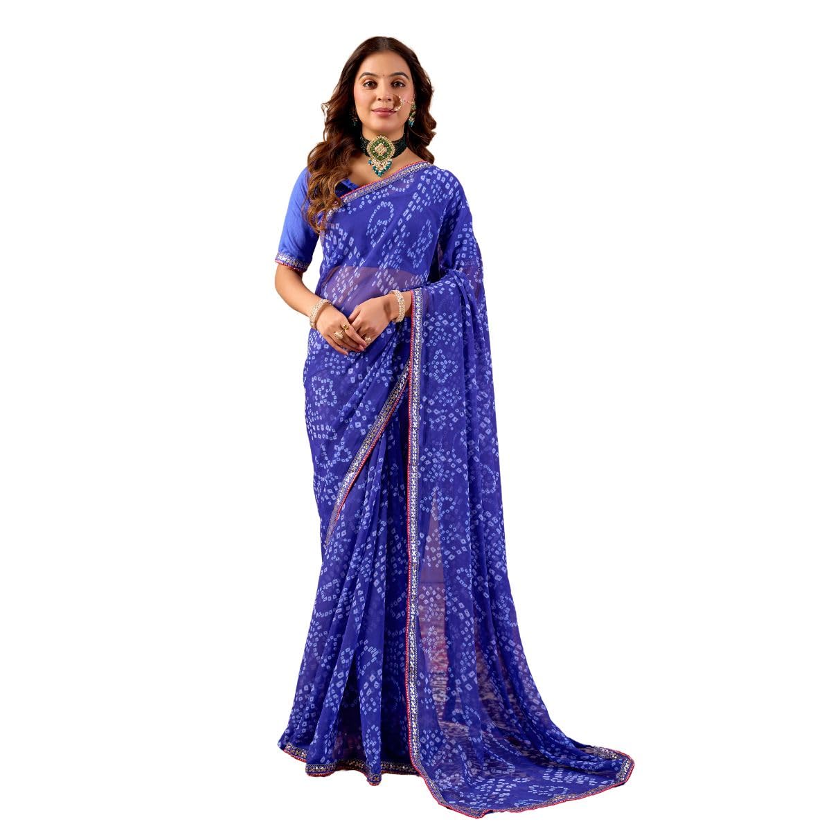 Women Blue Printed Chiffon Saree Bandhani Style Pattern Lightweight Soft Fabric Ethnic Wear 5.5 Meter Saree With 0.8 Meter... - Review, Price and Buying Guide