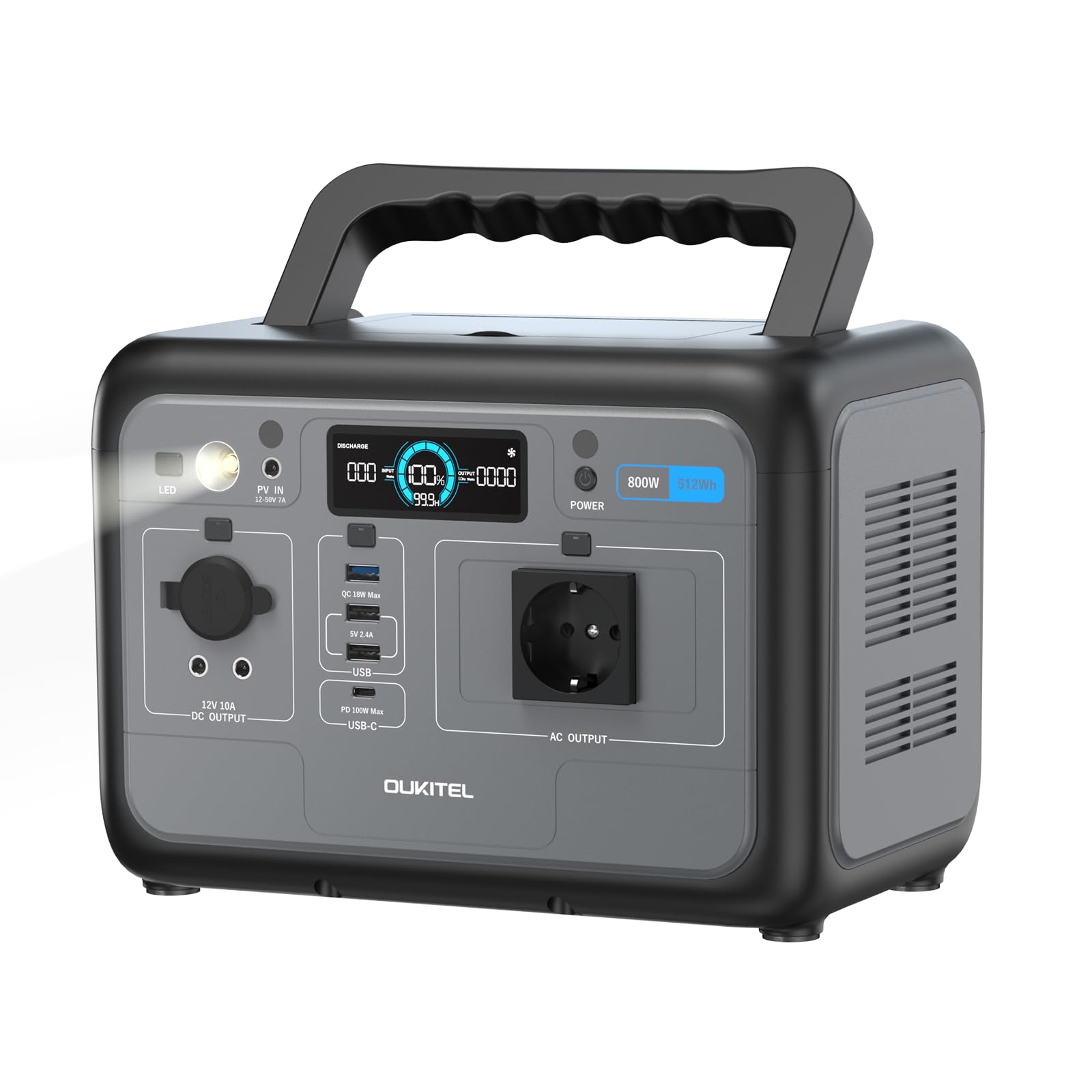 OUKITEL P800 Estación de Energía Portátil 800 W, Generador Solar con Batería Lifepo4 512 Wh, Generador con Salidas USB A Y C, Potencia Máxima de 1600 W, Ideal Para Acampadas