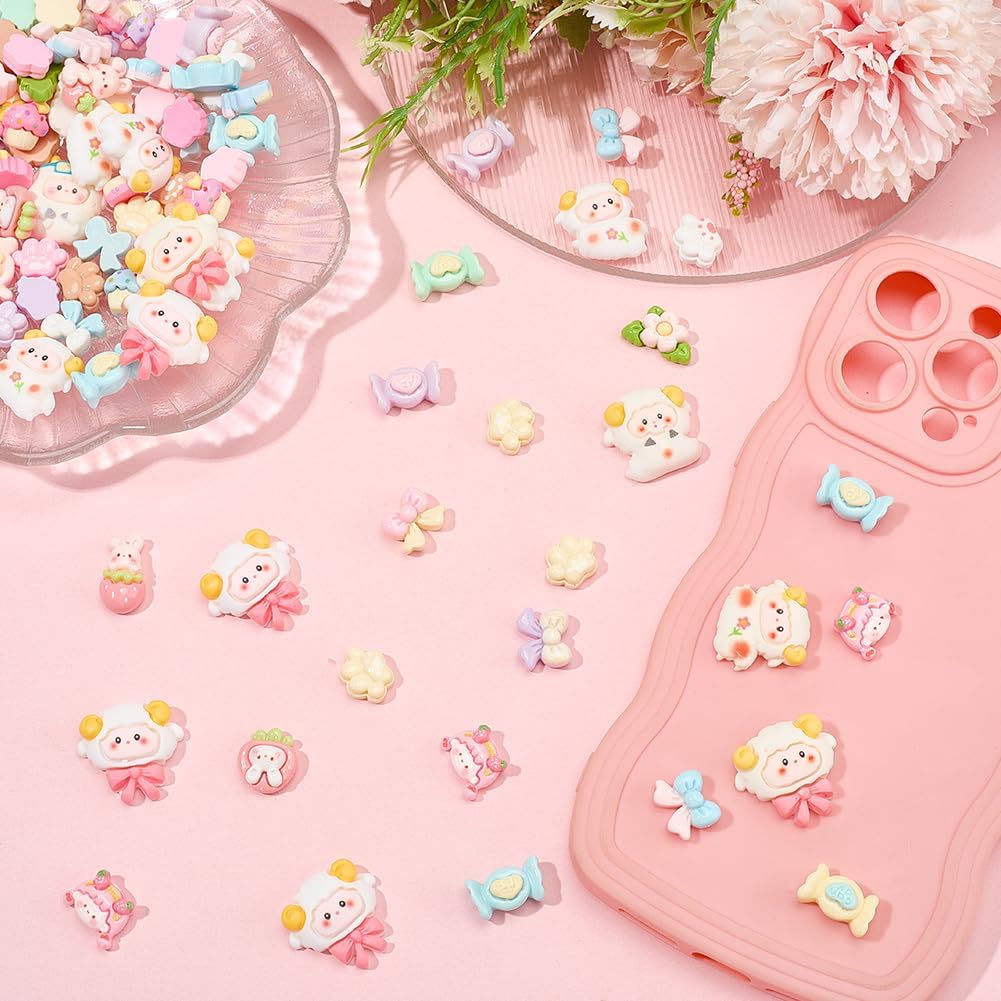 120Pcs 6 Styles Animal Flatback Charms Strawberry Cabochons Cute Cartoon Candy Sheep Rabbit Dog Paw Print Flat Back Resin Charm for Jewelry Nail Hair Clips Phone Cases Diy Crafts Scrapbooking - Image 3