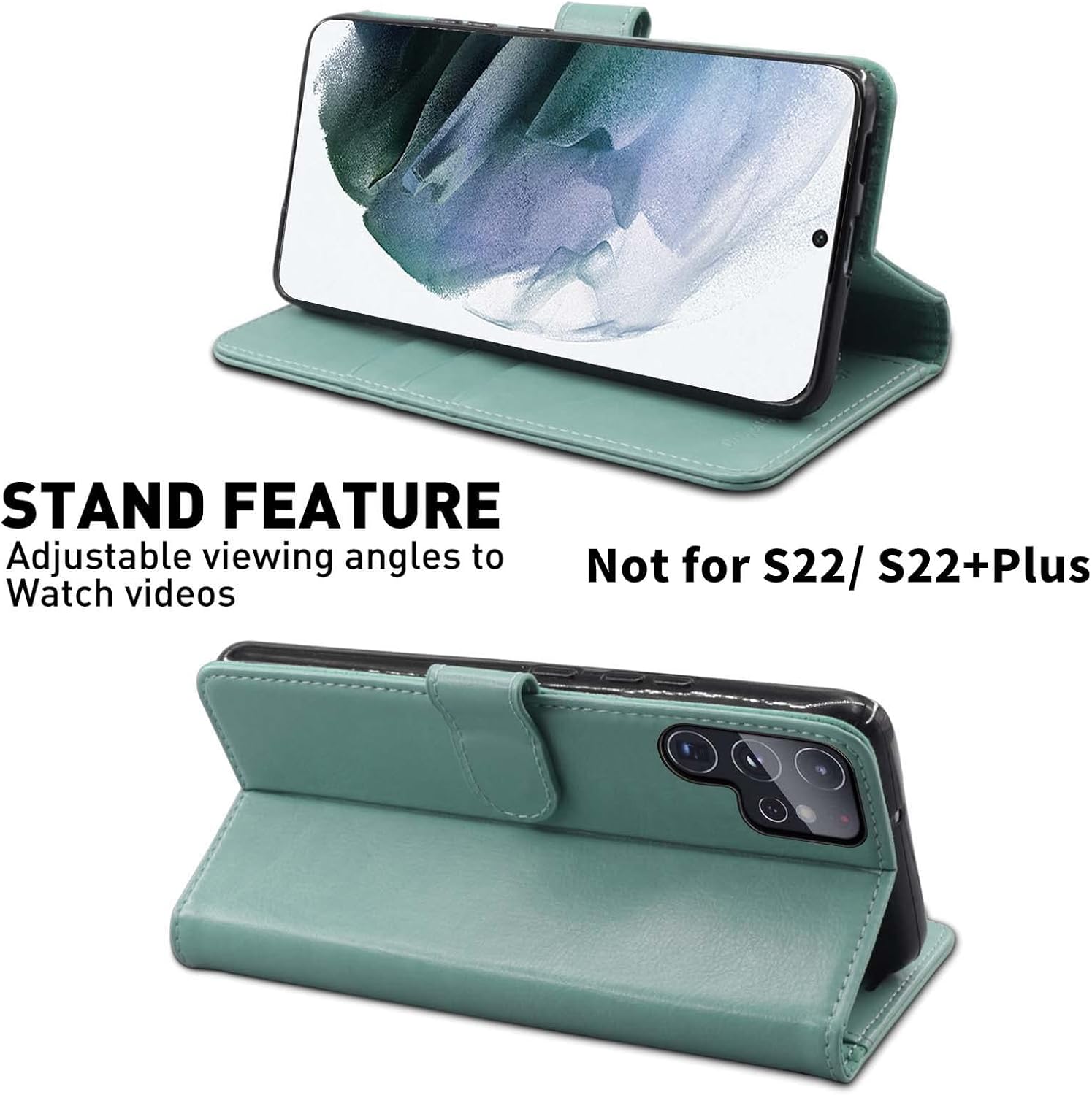 MONASAY Wallet Case for Galaxy S22 Ultra 5G, 6.8 inch [Included Screen Protector][RFID Blocking] Flip Folio Leather Cell Phone Cover with Credit Card Holder, Mint