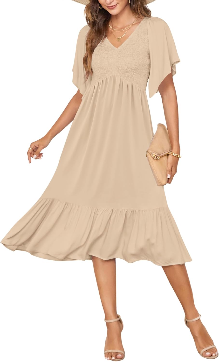 AUSELILY Women's Summer Empire Waist Dress Smocked Flutter Short Sleeve V Neck Midi Dresses 2025 New