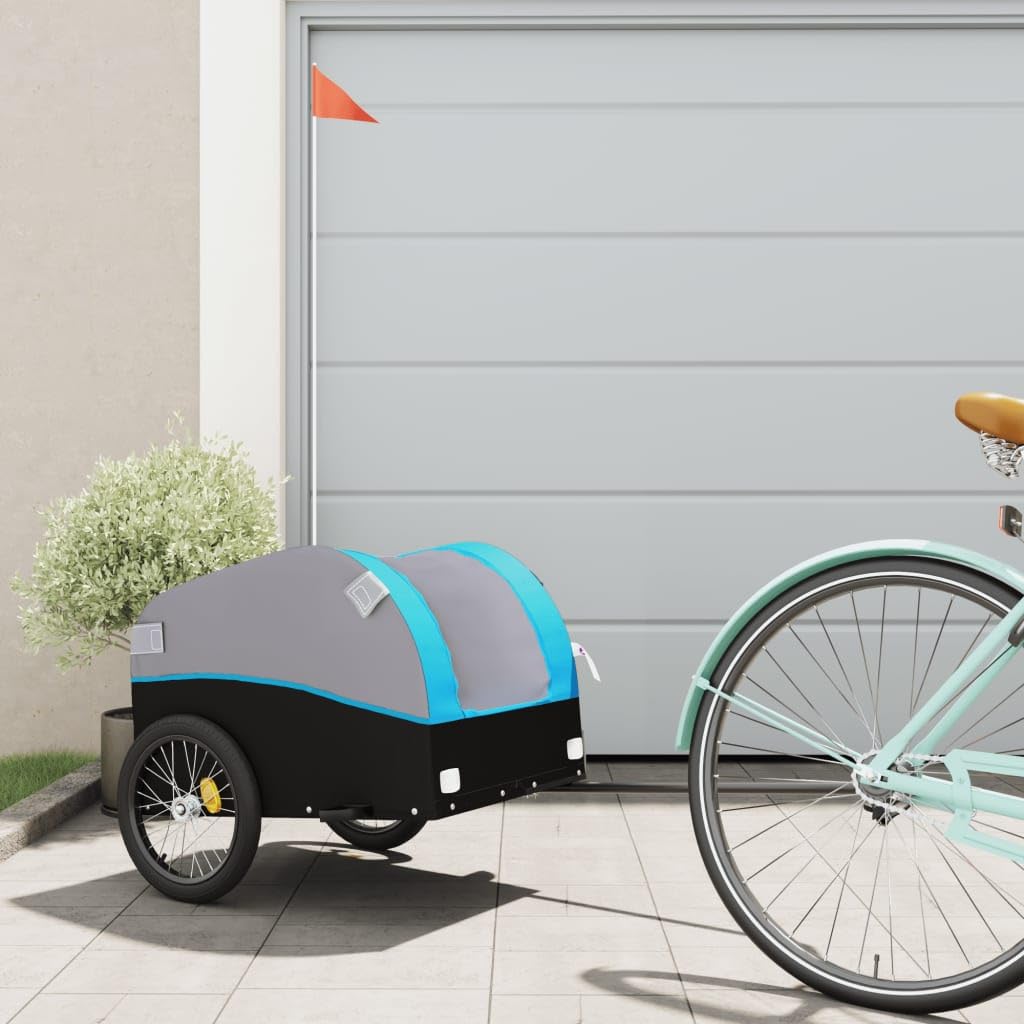 Remolque de bicicleta negro y amarillo de hierro, 133 x 68 x, con barra de tracción y bandera de seguridad para transporte, exterior, viajes y compras