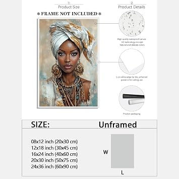 African Art Poster Black Girl Canvas Wall Art Black Woman Print Traditional Symbols Painting Inspirational Afrocentric Cultural Wall Decor for Living Room Office 8x12inch Unframed