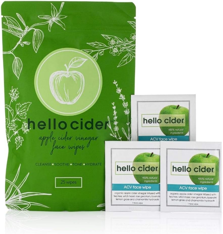 OrganicApple Cider Vinegar Acne Face Wipes infused w/Rose+Tea Tree Water. Treat Blemishes, Blackheads. Great asToner, Cleanser, Moisturizer. 25 Wipes by HELLO CIDER