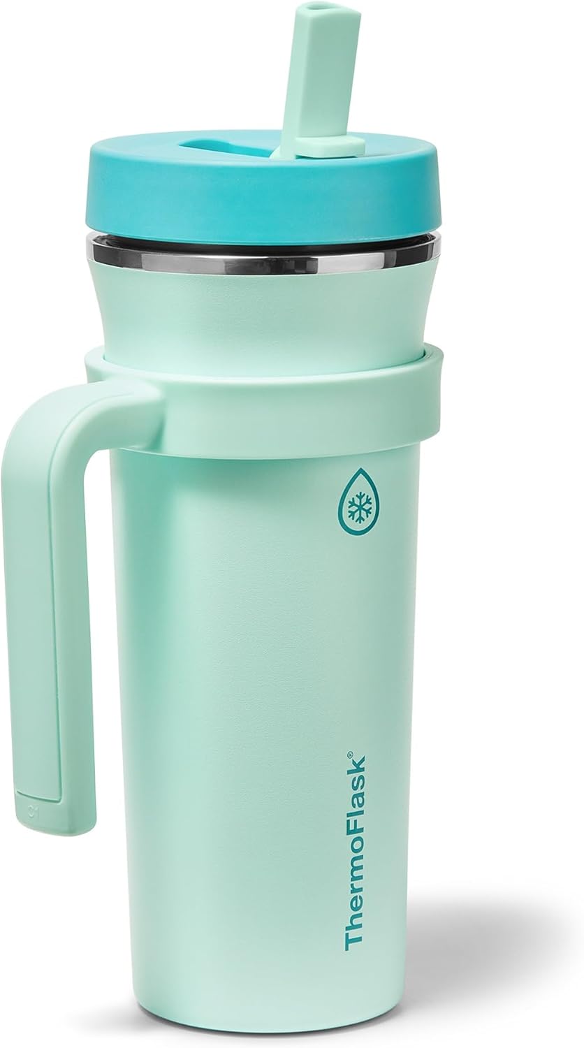 ThermoFlask 32 oz Double Wall Vacuum Insulated Stainless Steel Tumbler with Removable Handle, Foldable Straw Lid, Aqua Breeze