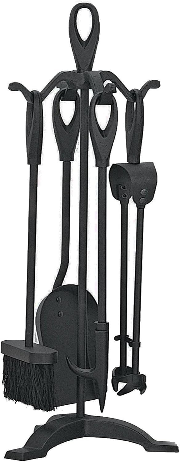 5 Pieces Companion 24" Set Fireside Fire Tools Fireplace & Accessories Black and Brass Stand Tongs Shovel Brush Chimney Poker (Black)