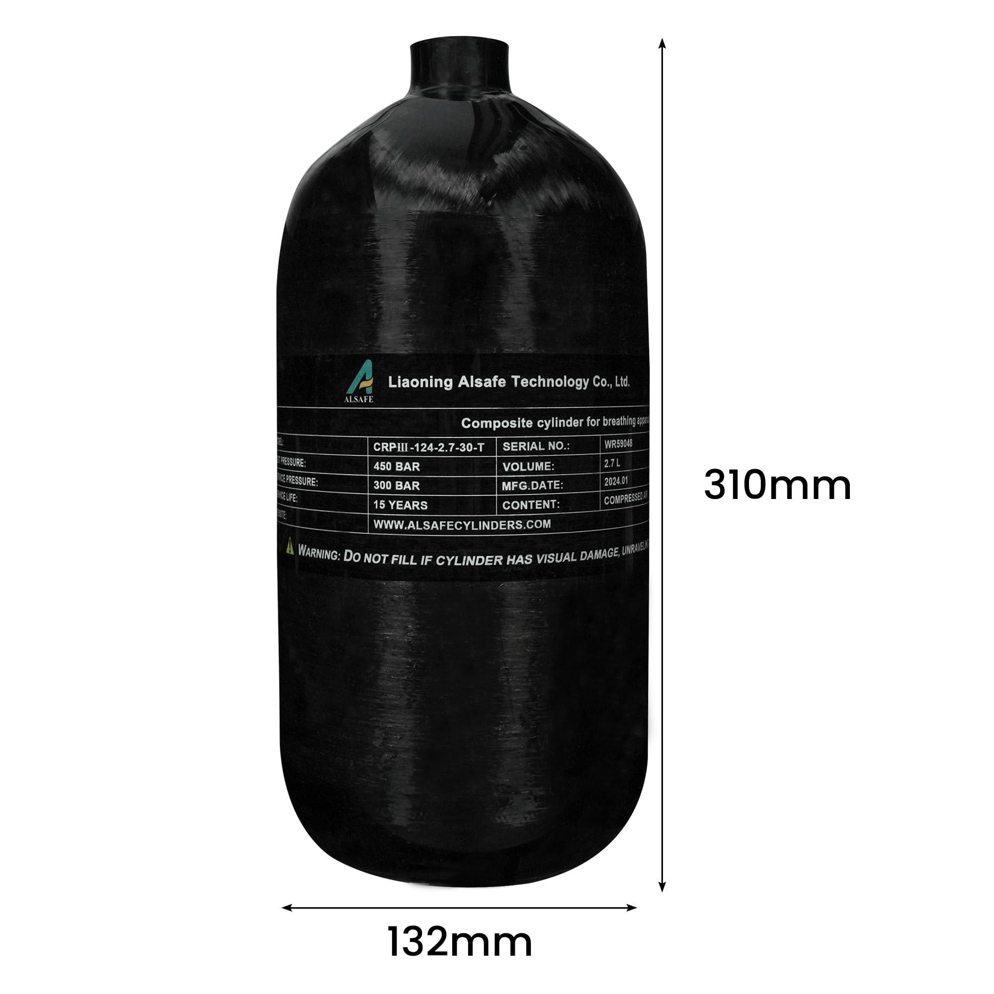 TUXING Cilindro di Ara in Fibra di Carbonio 2.7L 164Cu in 2700CC Cilindro Composito ad Alta Pressione,Cilindro di Immersione,Cilindro di Gas per Immersioni Profonde,Cilindro Aria Pcp per Fucile ad