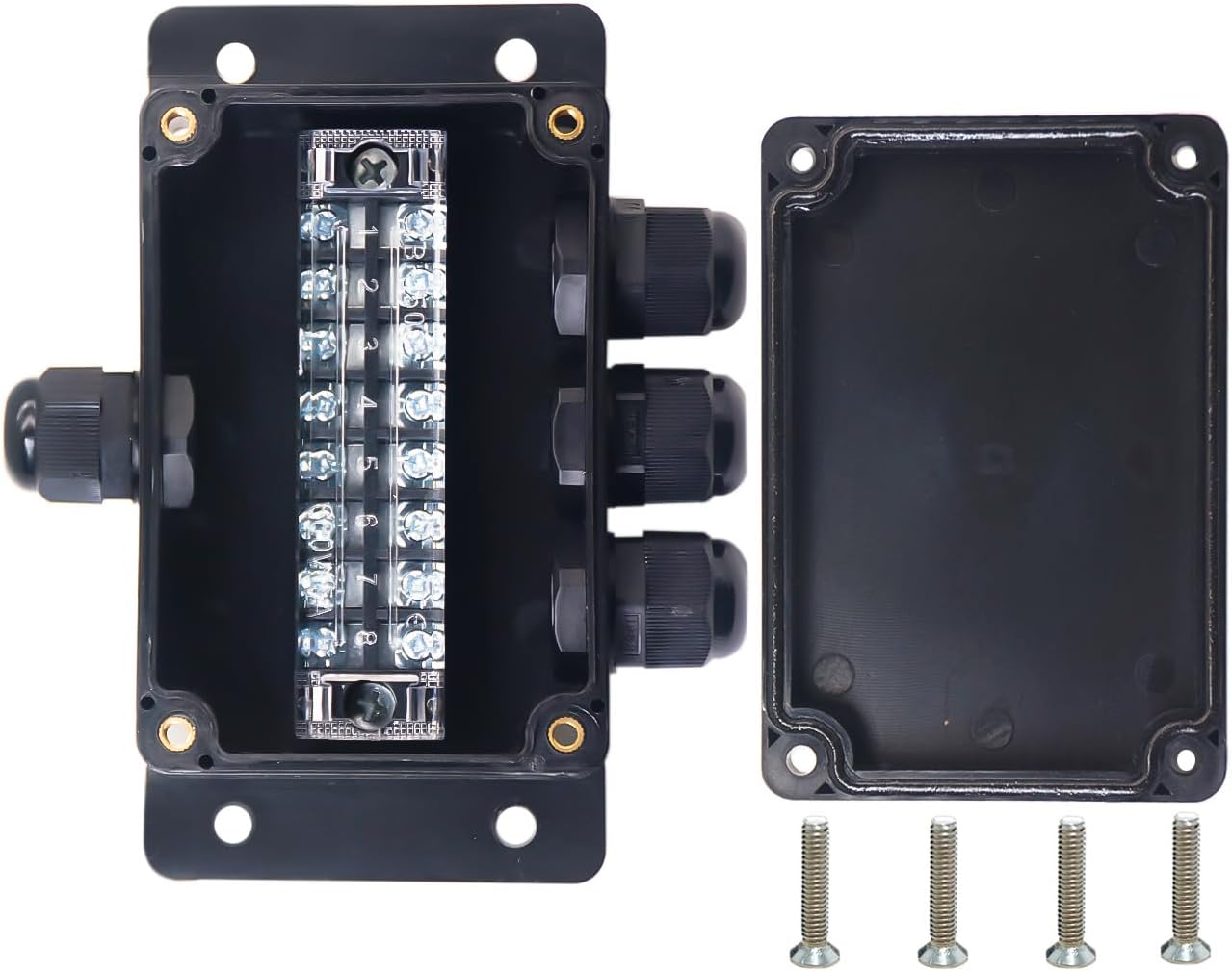 Watertight Junction Box, IP67 Waterproof Electrical Project Box with 8P 15A Barrier Terminals,1 in/3 Out Cable Glands Electronic Enclosure 3.94" x 2.68" x 1.97"