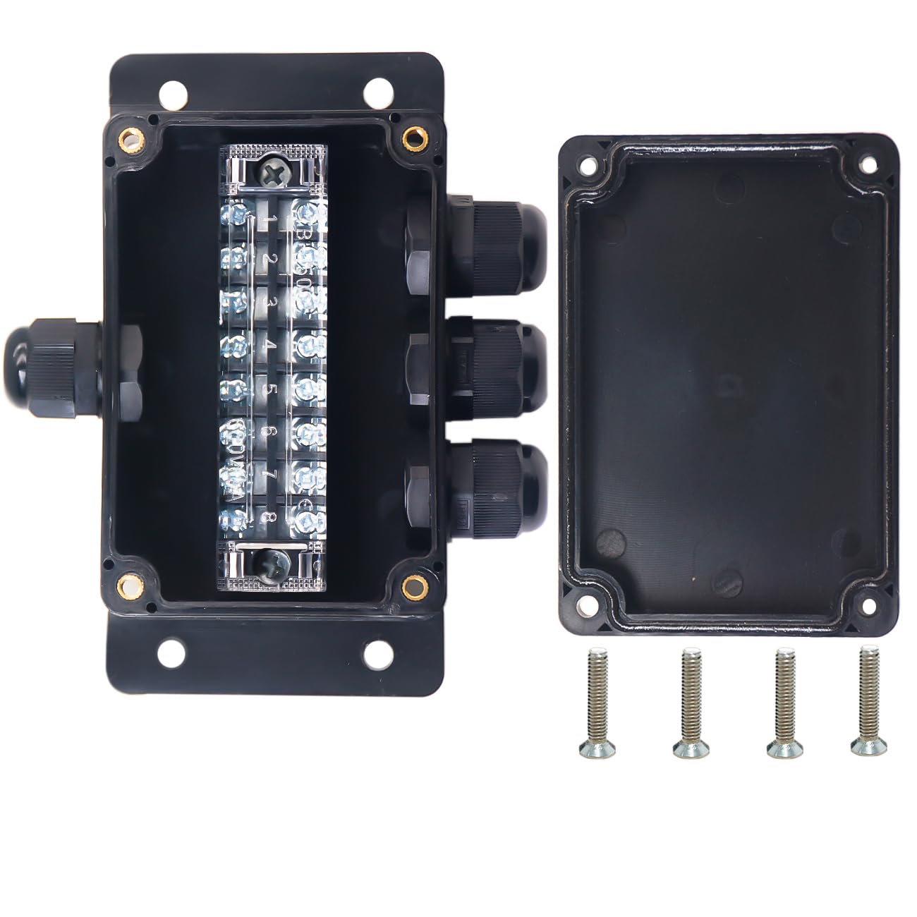 Watertight Junction Box, IP67 Waterproof Electrical Project Box with 6P 25A Barrier Terminals,2 in/2 Out Cable Glands Electronic Enclosure 4.53" x 3.54" x 2.17"