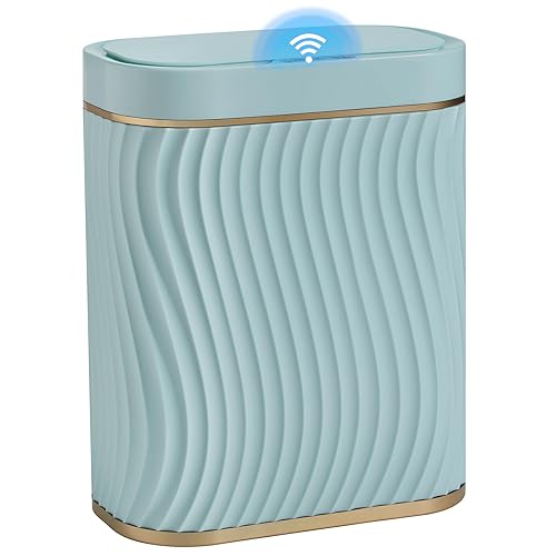 Miniatura 14 de Cubo de basura pequeño para baño con tapa automática sin contacto, bote de basura inteligente de 2.6 galones, contenedor de basura estrecho e Oro