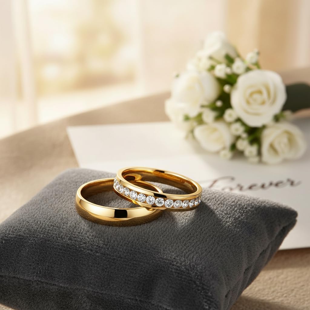 Leoshi Personalisierter Ring Schwarz Eheringe Edelstahl Set,Pärchen Ringe Mit gravur Paar Eheringe Partnerringe Verlobungsringe für Frauen,Wolfram Männer Ringe Größe 49 bis 70 (golden Ring für Paare)