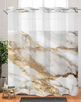 No Hook Shower Curtain with Snap in Liner Set,Watercolor Abstract Marble Texture Waterproof Fabric Shower Curtains Gold Stripe Crack Stone Double Layer Bath Curtain for Bathroom,72Wx72L