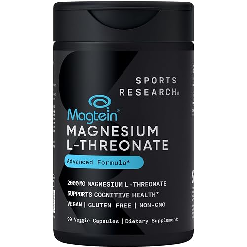 Sports Research Magtein Magnesium L-Threonate Capsules - Magnesium Supplement for Memory, Focus & Cognition - Magnesium L Threonate Supports Brain Health, Sleep & Mood - 2000mg, 90 Capsules for Adults