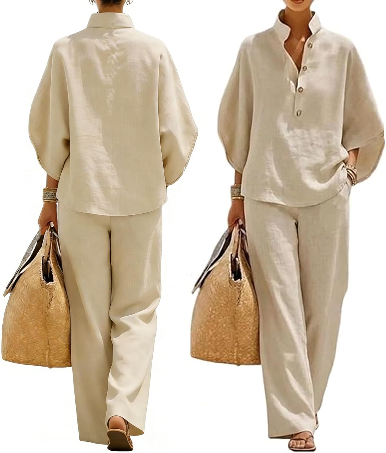 Womens Linen Two Piece Set Batwing Sleeve Shirt Wide Leg Pants Casual Cotton Linen Summer Pant Set
