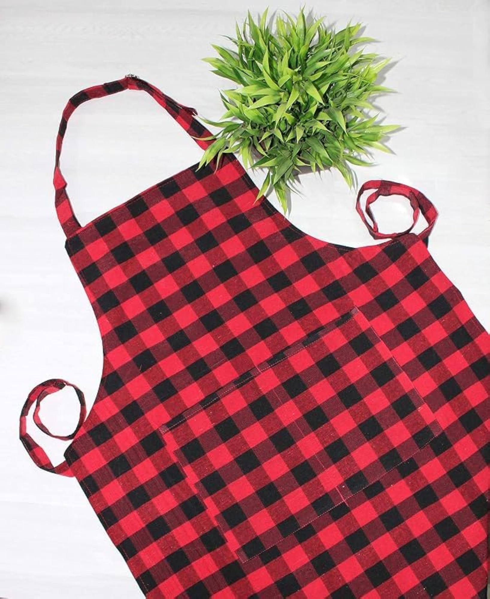 Cotton Check Kitchen Apron with Front Pocket, Stylish Design