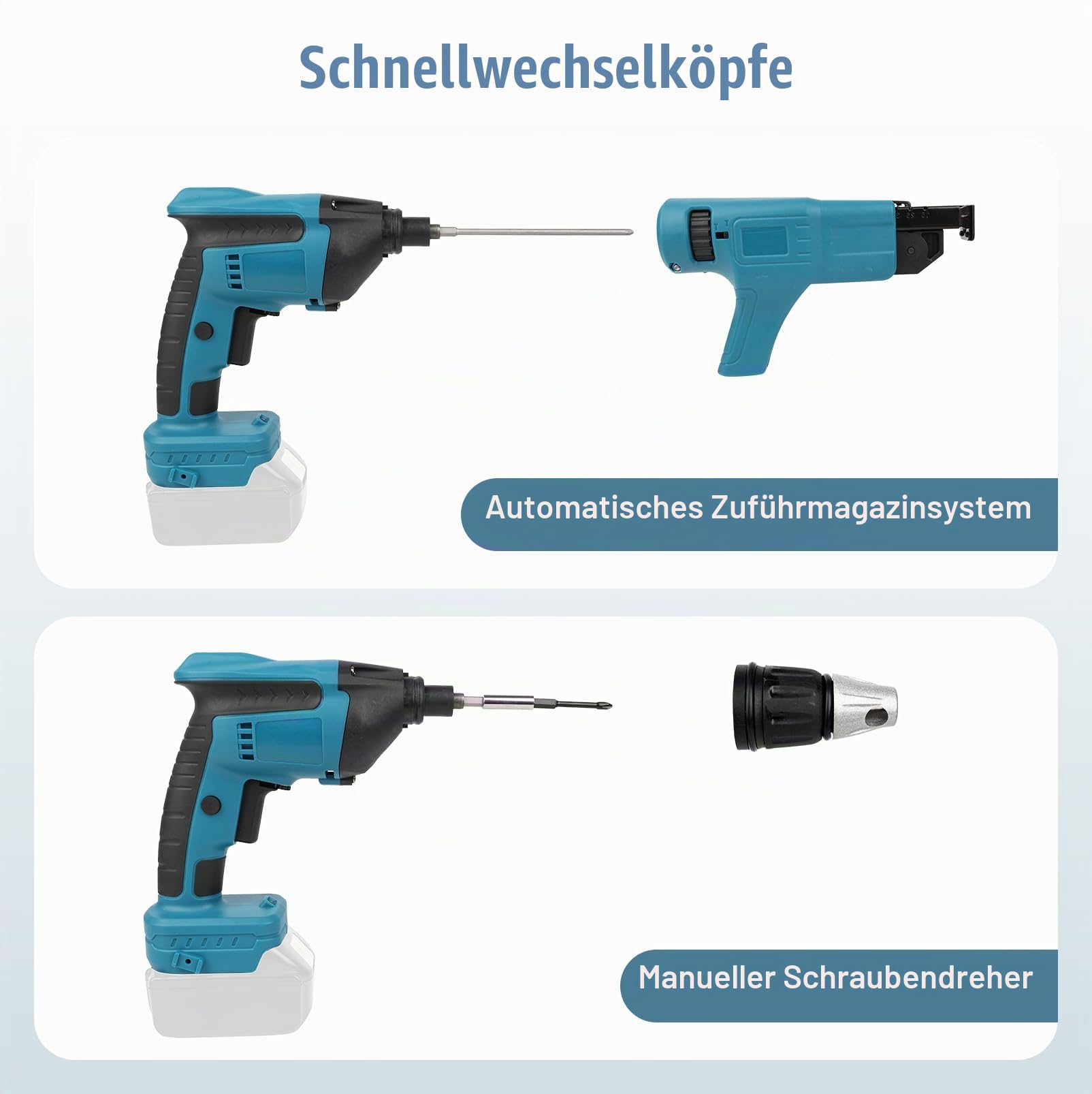Akku Trockenbauschrauber mit Magazinaufsatz, Magazinschrauber | mit automatischer Schraubenzuführung, Kompatibel mit Makita 21V Akku, für 15-55 mm Schrauben in Trockenbau, Holz und Metall