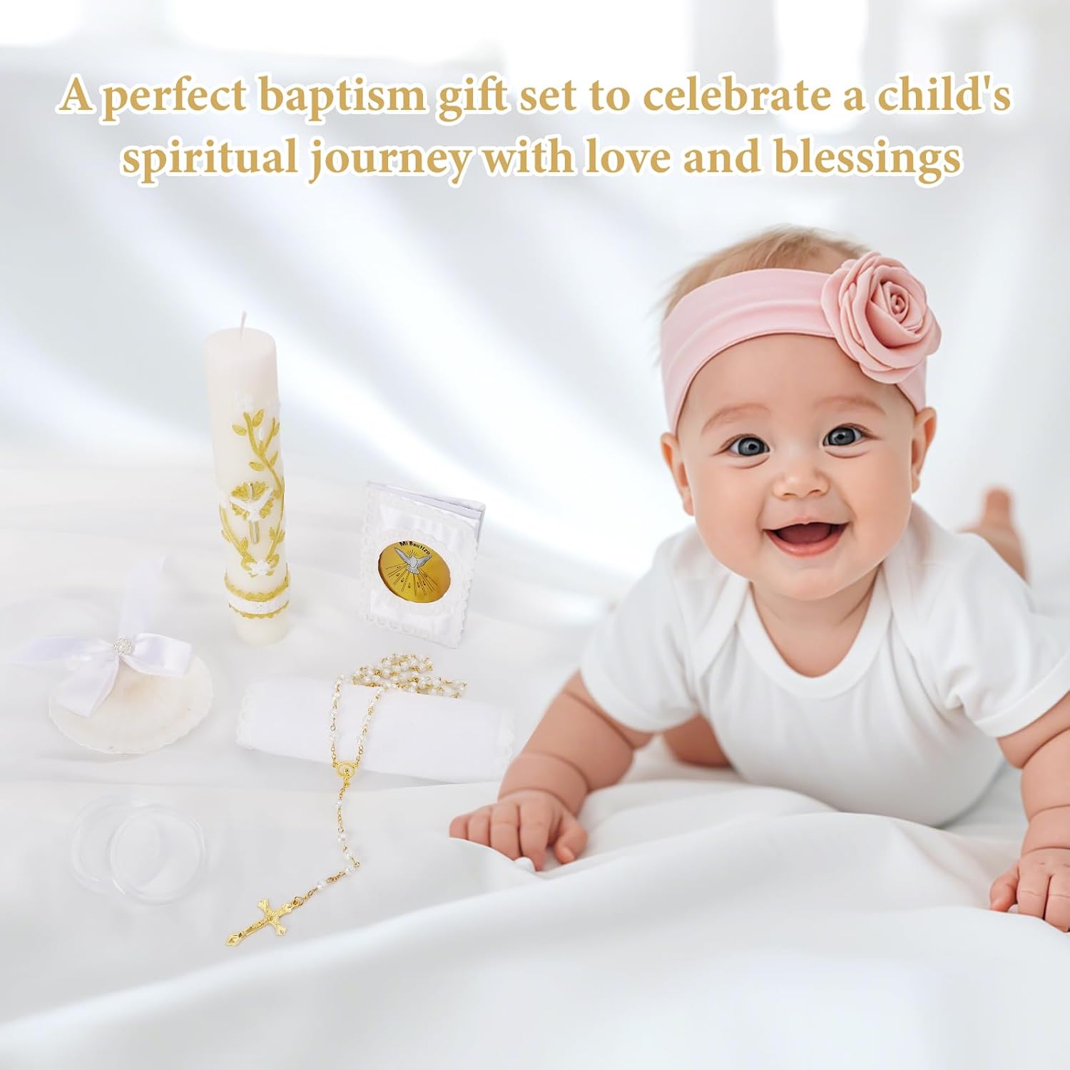 5 PCS Baptism Candle Set for Boys and Girls,Baptism Kit Catholic Candle,Shell,Towel,Rosary andBible for Baby Dedication Christening Gift,Velas para Primera Comunión De Niño Bautizo De Niña