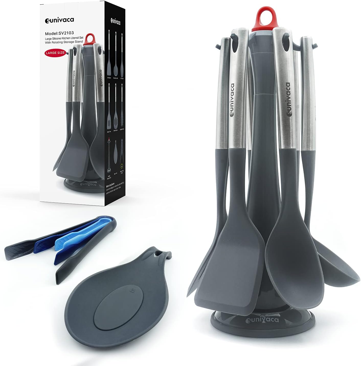 Silicone Kitchen Utensils Set, with Spinning Holder, Large Size, BPA Free (Gray)