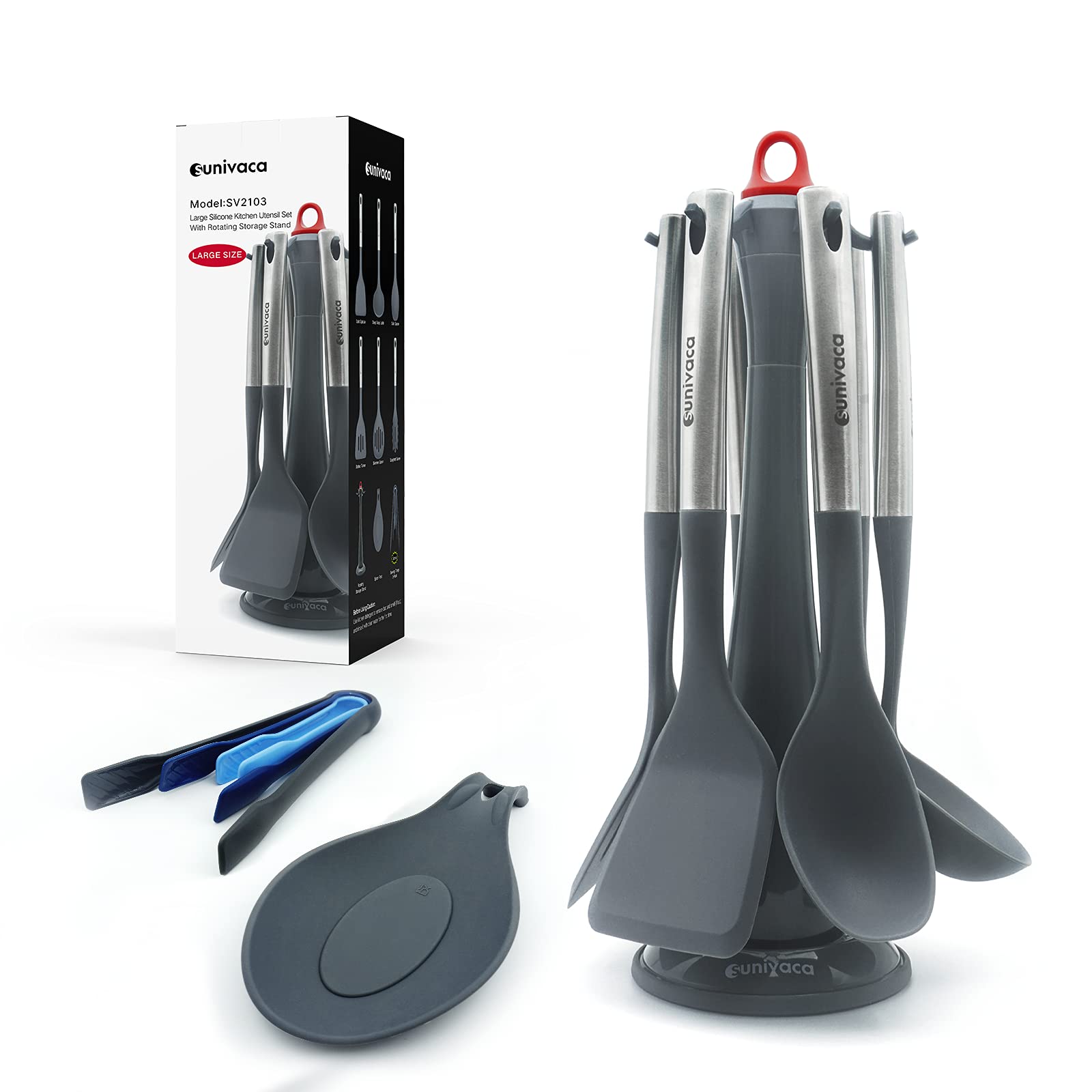 Silicone Kitchen Utensils Set, with Spinning Holder, Large Size, BPA Free (Gray)