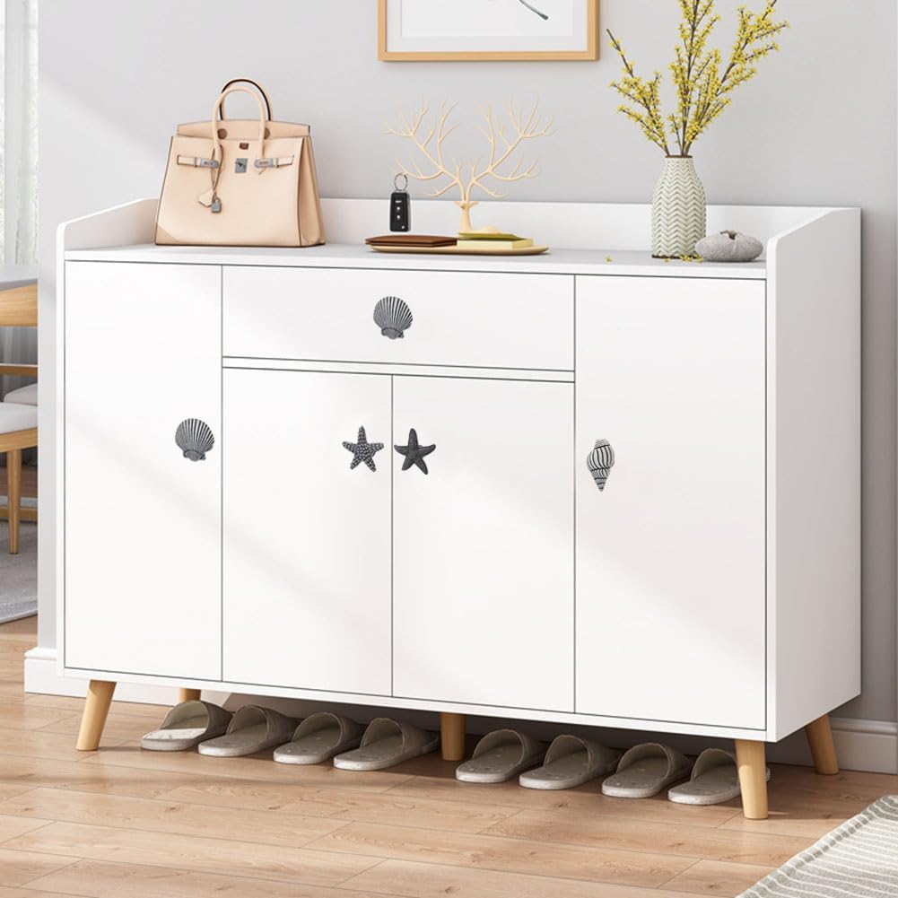 Seashells Cabinet Knobs, Conch Drawer Pulls, Starfish Dresser Knobs for Tropical Beaches Marine Animal Themed Kitchen Furniture Decor, Zinc Alloy Single-Hole Handles 4 Pcs (Vintage White)