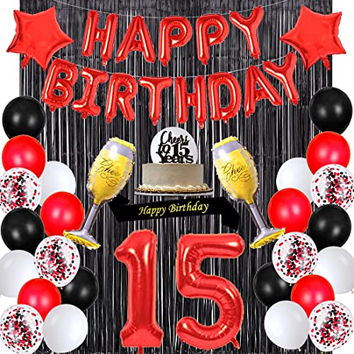 Santonila Red 15Th Birthday Decorations Happy Birthday Banner Sash Cheers To 15 Years Cake Topper Number 15 Confetti Latex Balloons Black Tinsel Foil Fringe Curtains For Girls Women 15 Years Old Birthday Party #TOP9