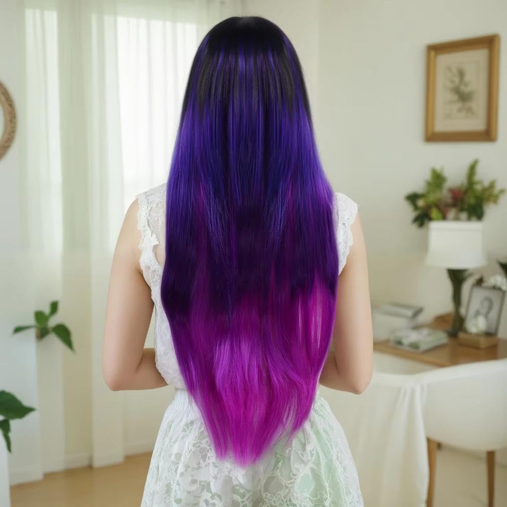 Haarpflege 80 Cm Lange Gerade Faserperücke Im Ombre-Stil In Schwarz Lila Mittelteil