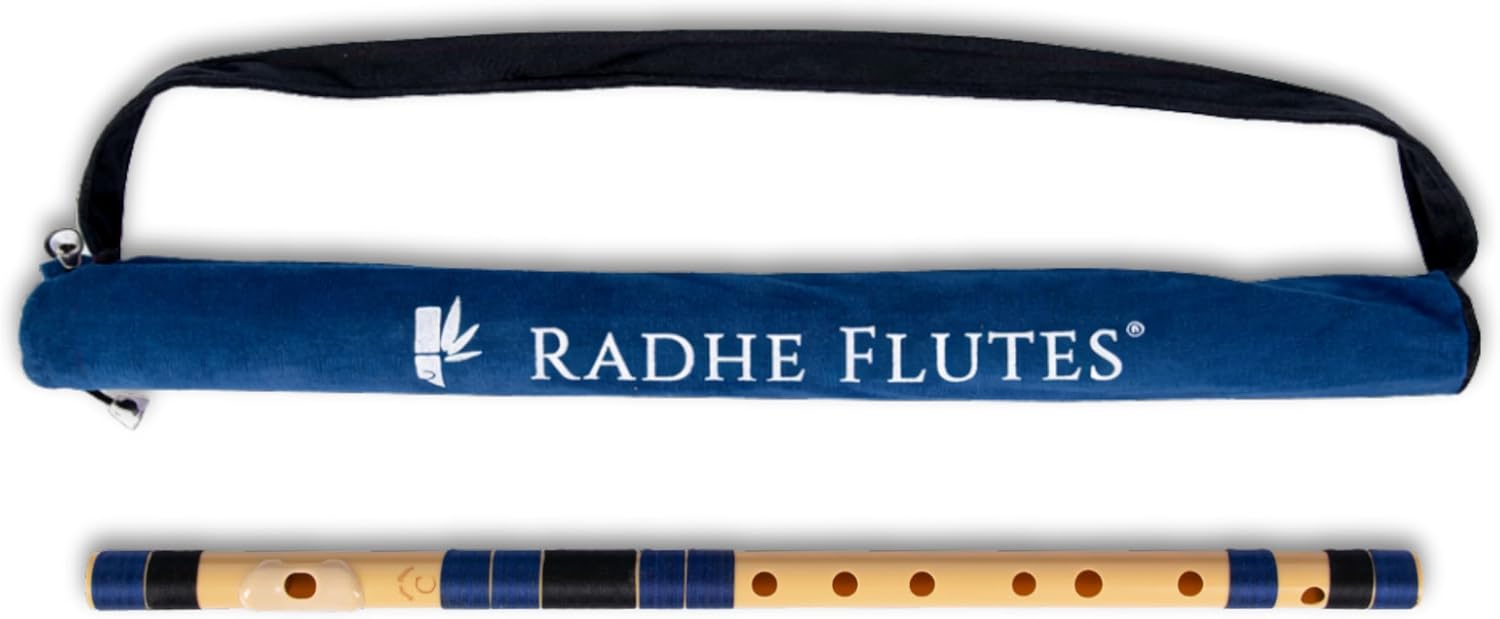 Radhe Flutes | C Natural Right Handed Middle Bansuri | Dark Blue & Black | Tuned With Tanpura A=440Hz | PVC Flute + Velvet Cover + Hindi & English Flute Lessons