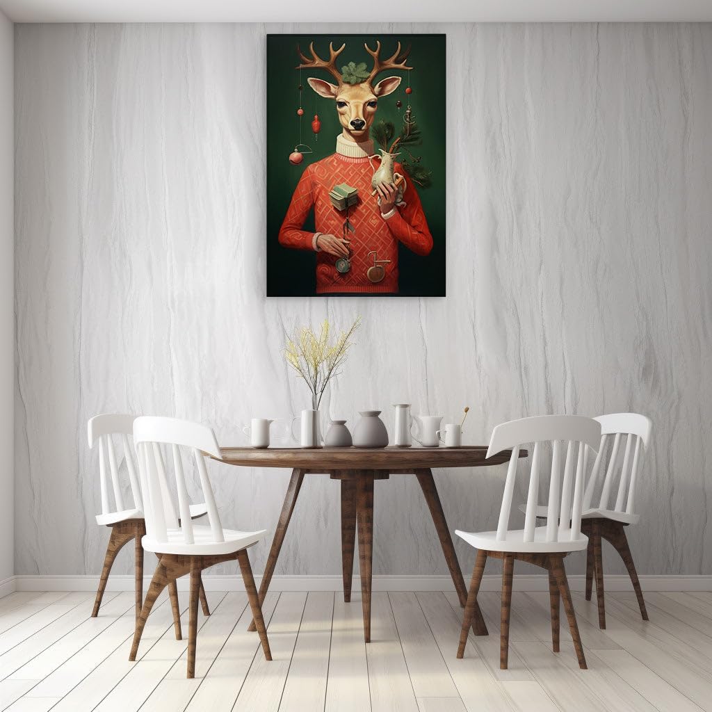 Canvas for Living room. Surreal Elegance: A Deer in Knitwear Bearing a Vase, 27 x 18 inch Canvas Wall Art - Contemporary Masterpieces - Nature Home Decor - 69x46 cm (27x18 inch)