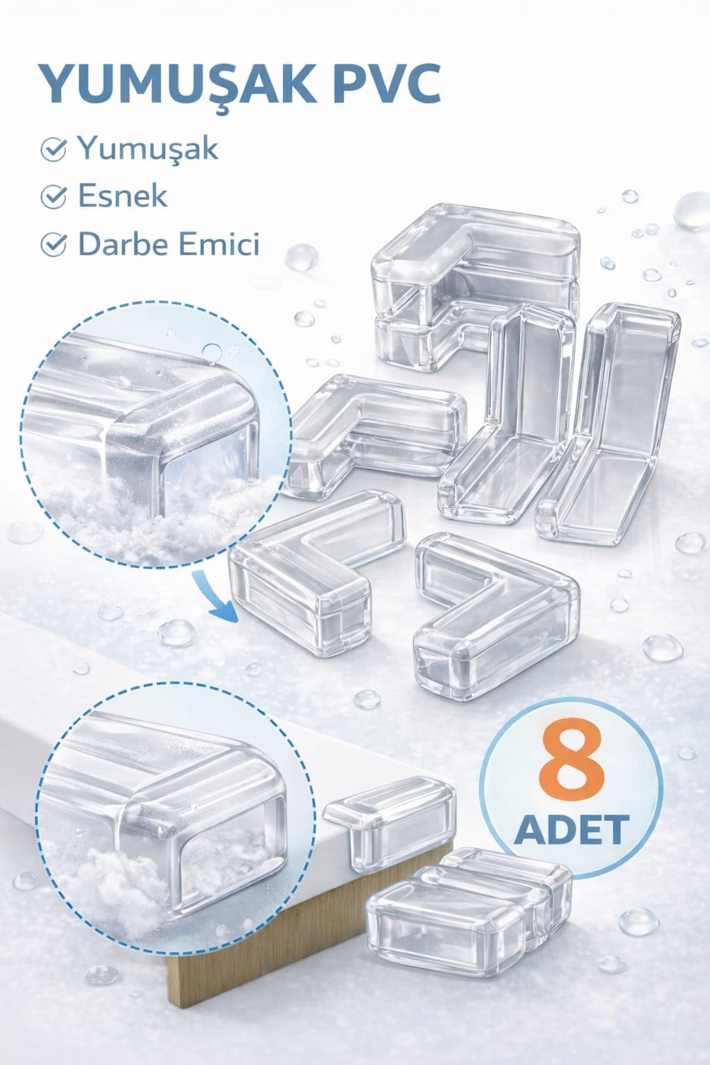 Şeffaf Masa Köşesi Koruyucu 8 Adet, Bebek ve Çocuk Güvenliği İçin Darbe Emici Silikon Köşe Koruma Aparatı, Masa ve Tezgah Uyumlu