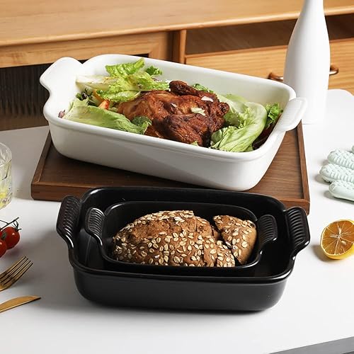 Miniatura 5 de Sweejar Juego de moldes para hornear, de cerámica de 9 x 13 pulgadas con asa, cazuela rectangulares para horno, juegos de 3 utensilios para hornear