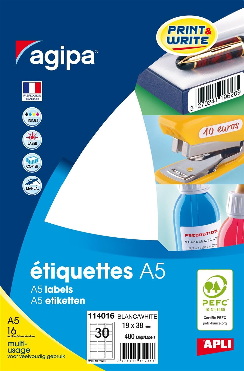 AGIPA Lot de 3 Etuis de 480 étiquettes multi-usage permanentes 19x38 mm sur 16 feuilles A5 Blanc