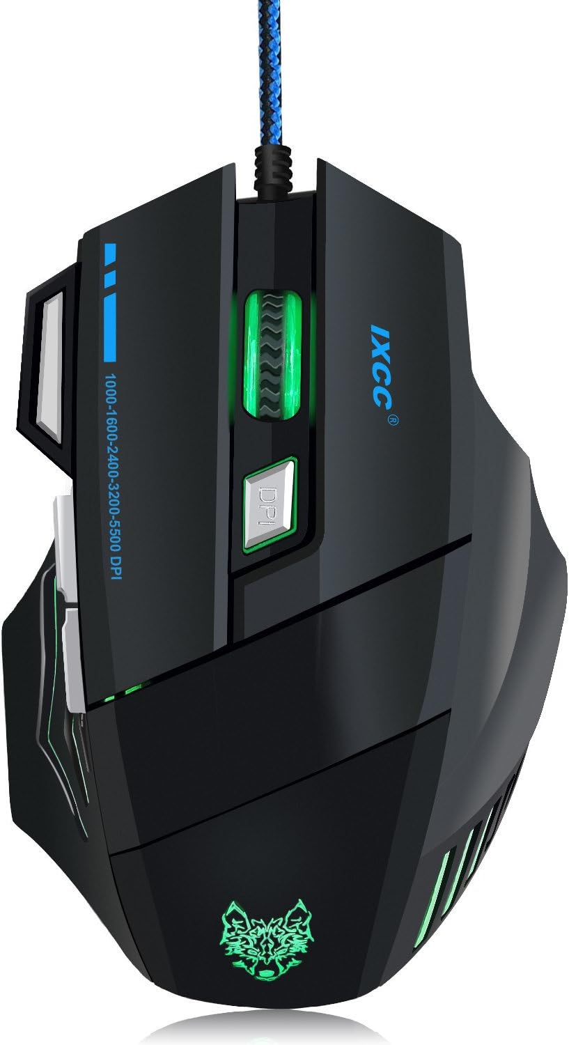 Gaming Mouse, Wired Ergonomic Mouse, iXCC USB Gaming Mouse Extremely Responsive [1000/1600 / 2400/3200 / 5500 DPI Free to Adjust] with 7 Buttons - Black