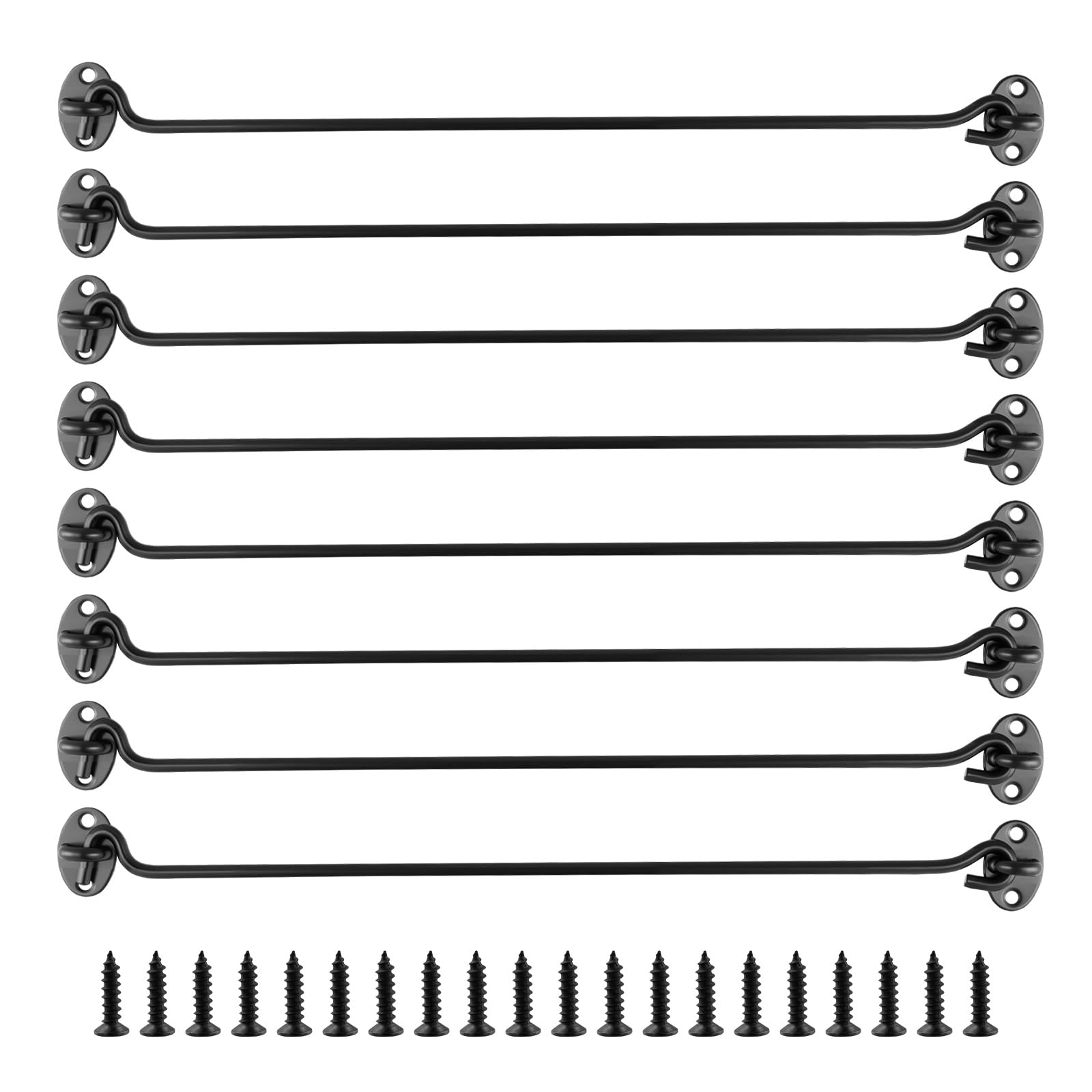 Set di 8 Ganci a Vento Neri 40 cm in Acciaio Inossidabile, Fermaporta con 32 Viti e Piastra 4x2,6 cm per Porte, Finestre e Cancelli