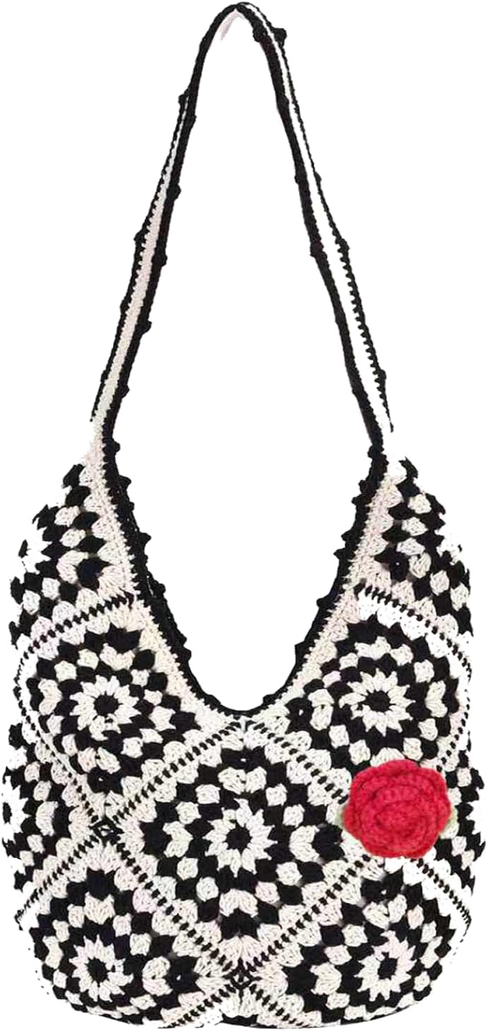 Crochet Hobo Tote Bag for Women,Boho Woven Summer Beach Purse,Large Capacity Crochet Shoulder Handbag for Daily & Vacation