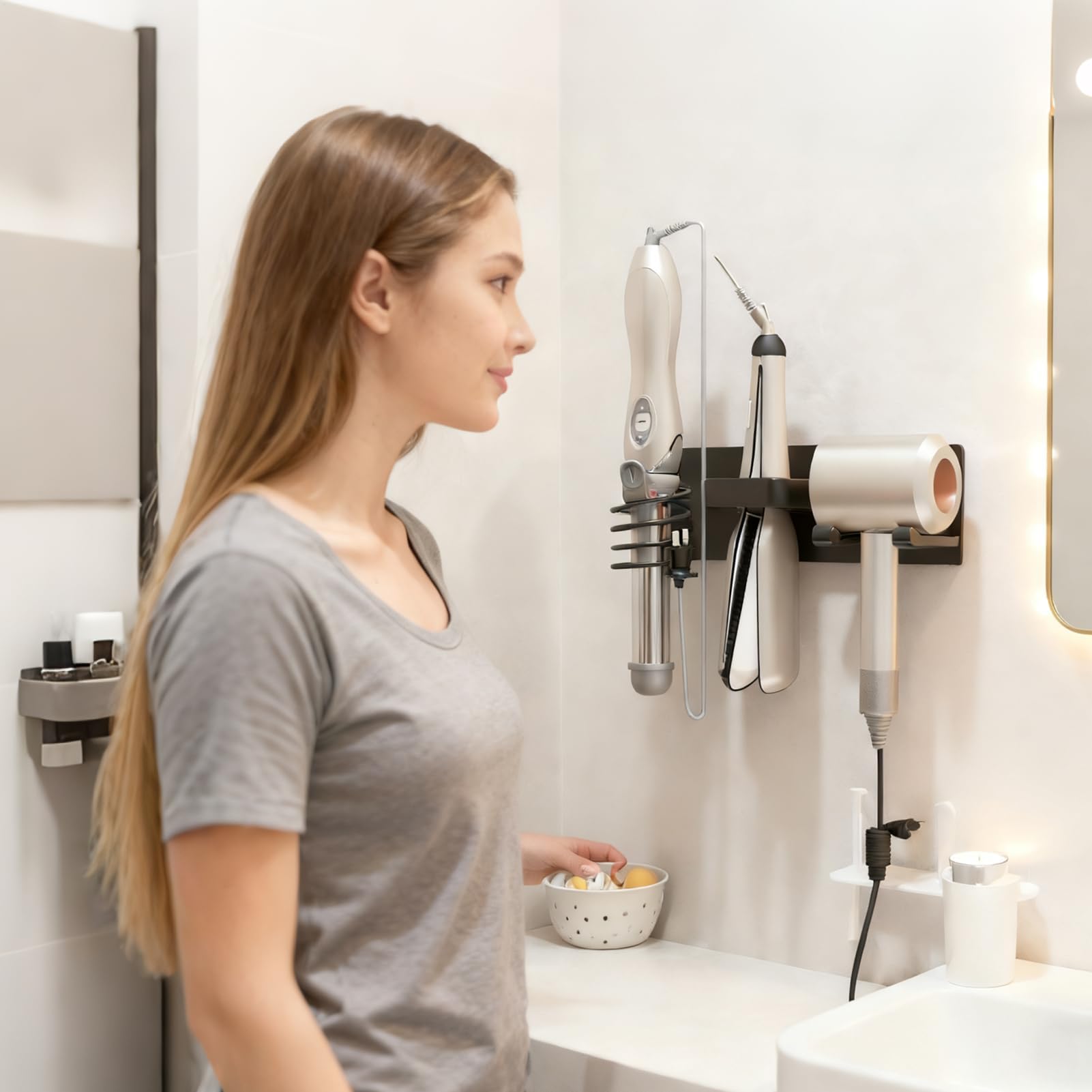 Soporte de pared para secador de pelo, organizador de almacenamiento de herramientas para el cabello, montado en la pared, soporte para secador de pelo, para baño, armario, hogar, universidad