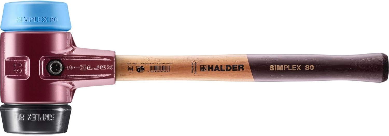 Halder Simplex Mallet 30mm – Dual Faces, TPE-Soft & Hard Rubber Inserts, Cast Iron Housing with Protection Sleeve, Hickory Handle, Tiling, Landscaping & Paving – 3012.030