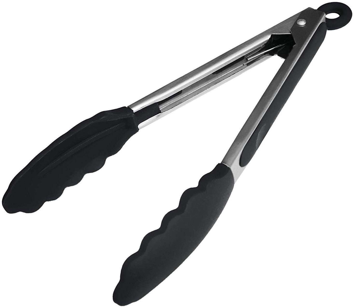 StarPack Premium Range Silicone Kitchen Tongs 9-Inch in EU LFGB Grade, Non-Stick Friendly, Bonus 101 Cooking Tips (Gray Black)
