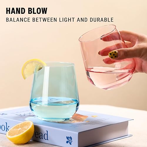 Miniatura 10 de Juego de 6 copas de vino de color ámbar con tallo y parte inferior plana, copas de vino modernas y coloridas, sopladas a mano, regalos duraderos