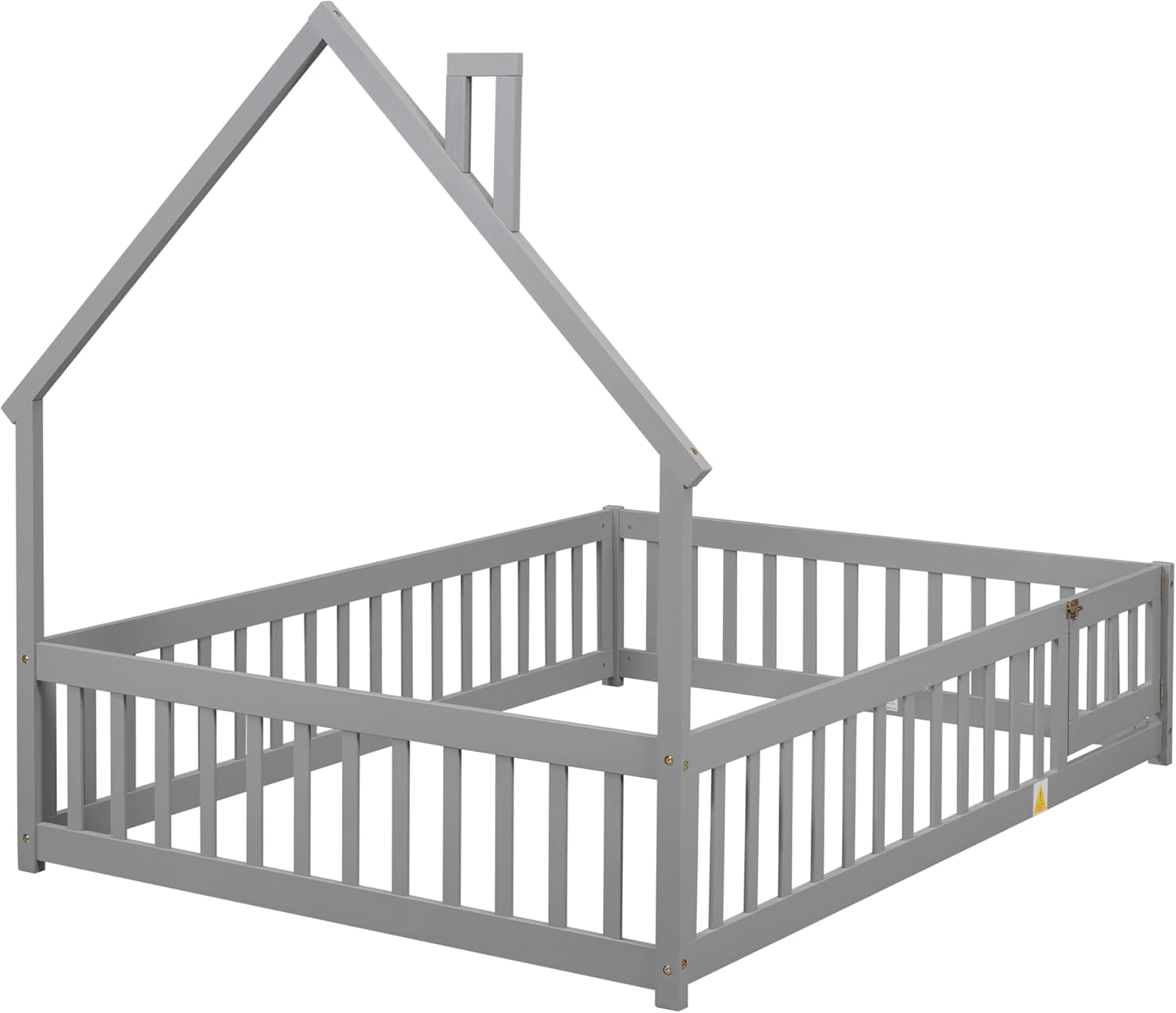 Full House-Shaped Headboard Floor Bed with Fence and Door, Full Bed Frame Wood Bed Frame for Kids, Teens, Girls, Boys, Grey