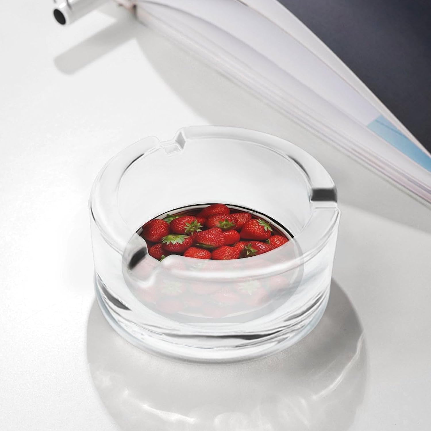 Glass Ashtrays,Strawberries in Bowl Printed Round Ashtrays Portable Decorative Modern Ashtrays Non-slip Ashtrays for Home Office Indoor Outdoor