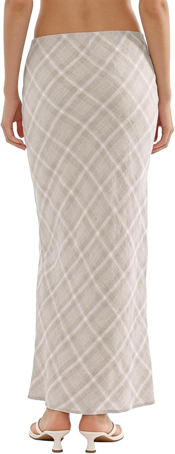 Amazhiyu Women's 100% Linen A-Line Plaid Midi Skirt Elastic Waist Summer Skirt