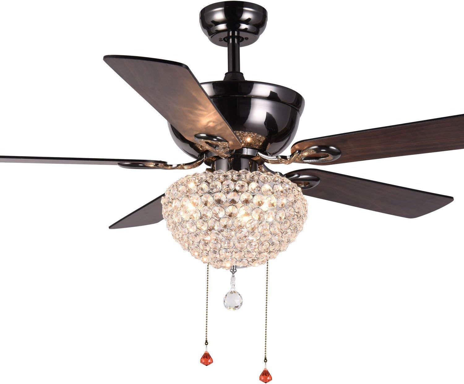 Crystal Ceiling Fans with Lights, 52" Ceiling Fan 5 Premium Reverse Wood Leaves 3-Light Indoor Ceiling Fan Light Fixtures