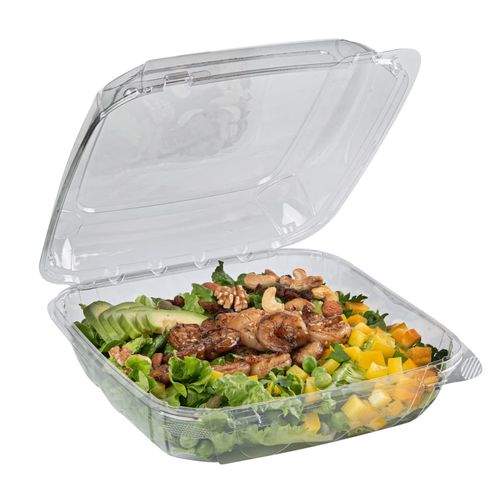Restaurantware Thermo Tek - Contenedores de 1,295.6 g, 100 recipientes antivaho para llevar, congelables, rectangulares, de plástico transparente, desechables